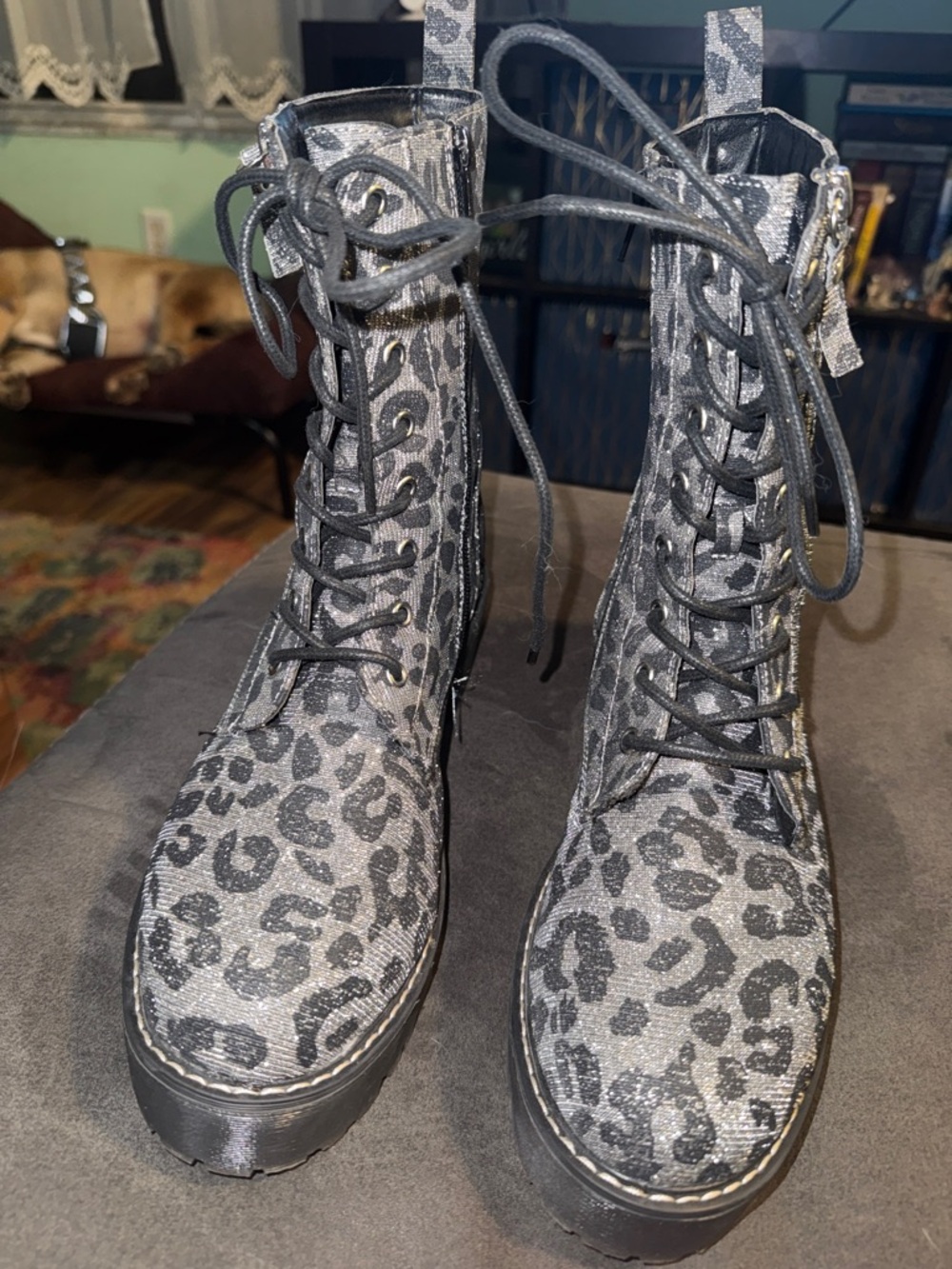Mix No. 6 Silver Sparkle Leopard Lace-Up Platform Combat Boots Size 11